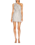 Michelle Mason Silver Sequin Mesh One-Shoulder Mini Dress