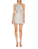 Michelle Mason Silver Sequin Mesh One-Shoulder Mini Dress