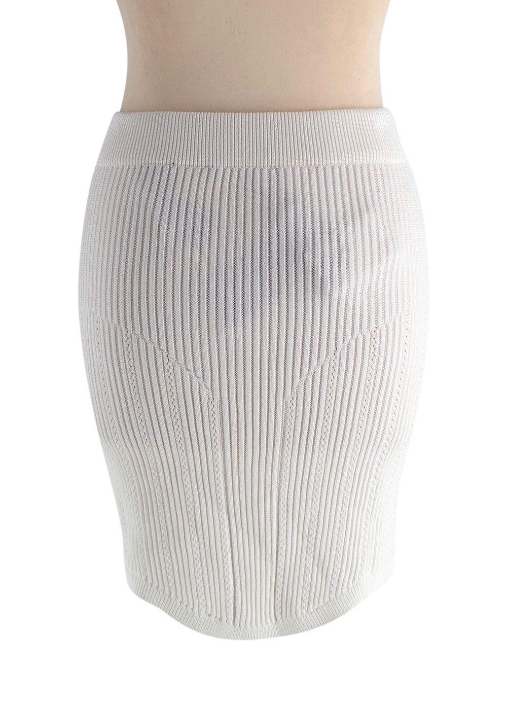 Balmain Cream Ribbed Knit Mini Skirt with Gold Button Detail