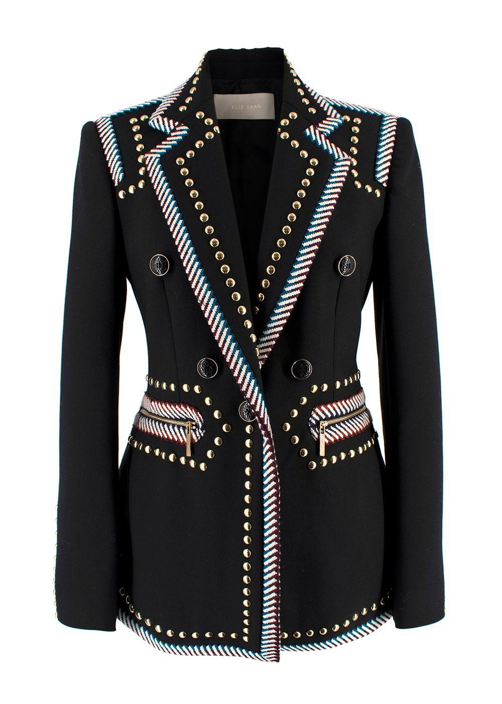 Elie Saab Black Studded Contrast Trim Blazer