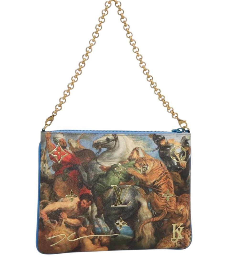 Limited Edition Louis Vuitton x Jeff Koons Masters Collection Pochette – “Tiger Hunt” Print with Gold Chain Strap