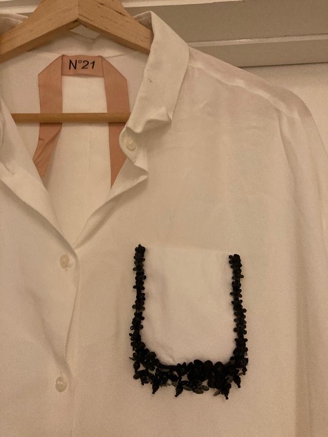 embellished pocket white silk blend summer shirt