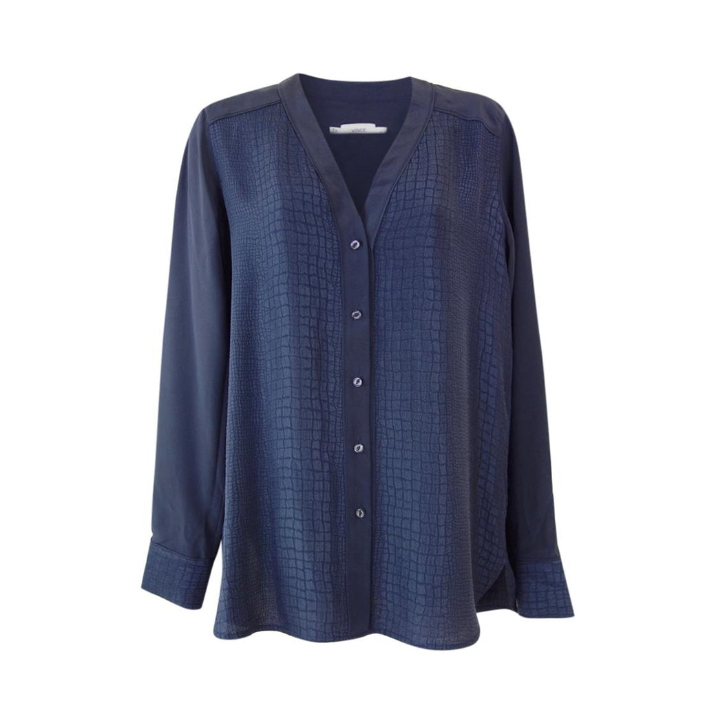 Vince Navy Textured Long Sleeve Blouse