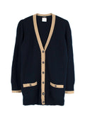Chanel Contrast Trim Navy Cashmere Longline Cardigan