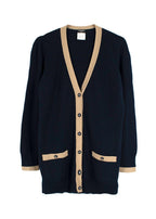 Chanel Contrast Trim Navy Cashmere Longline Cardigan