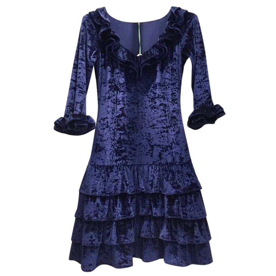 French Couture Navy Blue Panne Velvet Dress