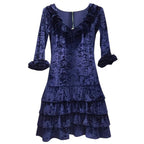 French Couture Navy Blue Panne Velvet Dress