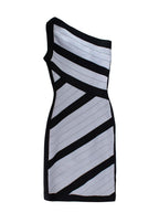 Herve Leger Black and Grey Striped One Shoulder Mini Dress