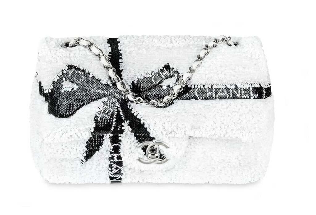 Chanel White & Black Sequin Bow Mini Flap Bag