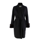 MaxMara Black Camel Hair Wrap Coat with Fur Cuffs