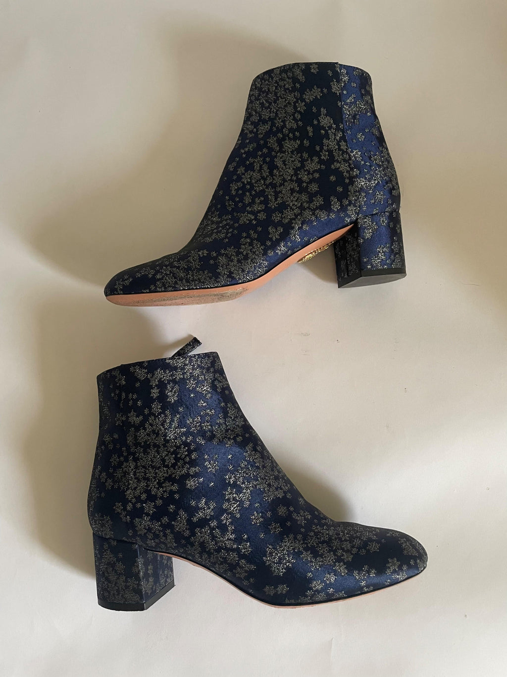 Navy Satin Jacquard Ankle Boots