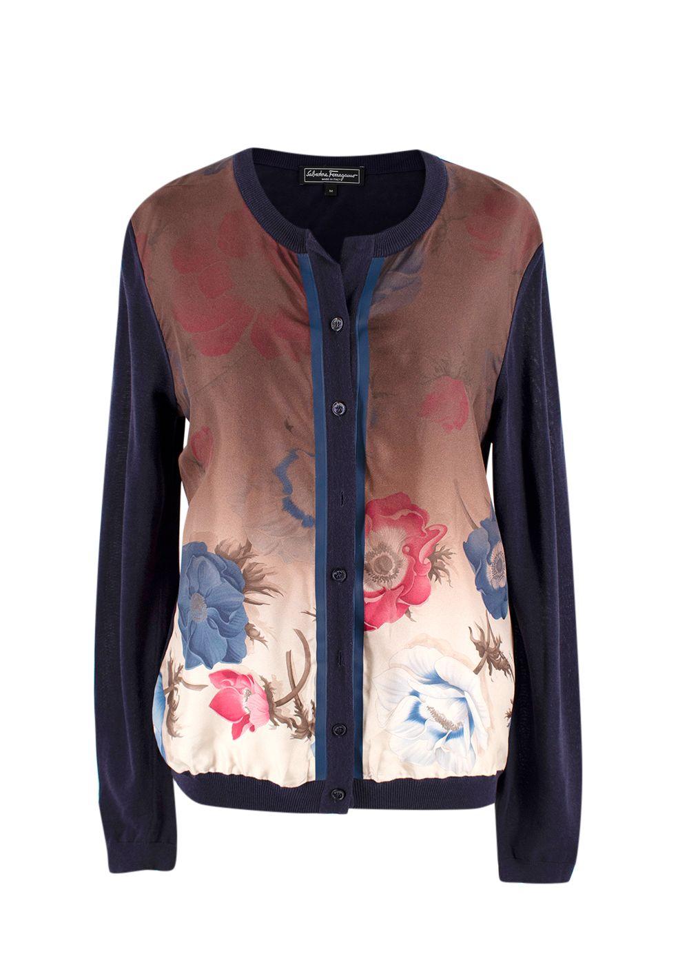 Salvatore Ferragamo Navy Contrast Sleeves Floral Cardigan