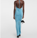 Magda Butrym Blue Ruched Floral Applique Maxi Dress