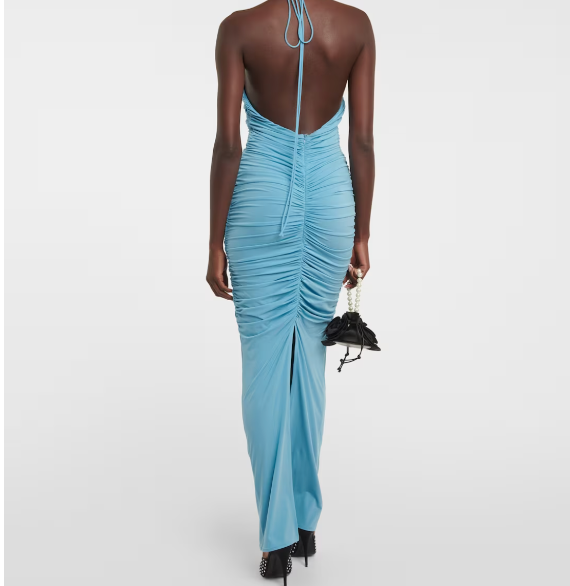 Magda Butrym Blue Ruched Floral Applique Maxi Dress