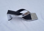 Metallic Silver Leather Square Toe Thong Heeled Sandals
