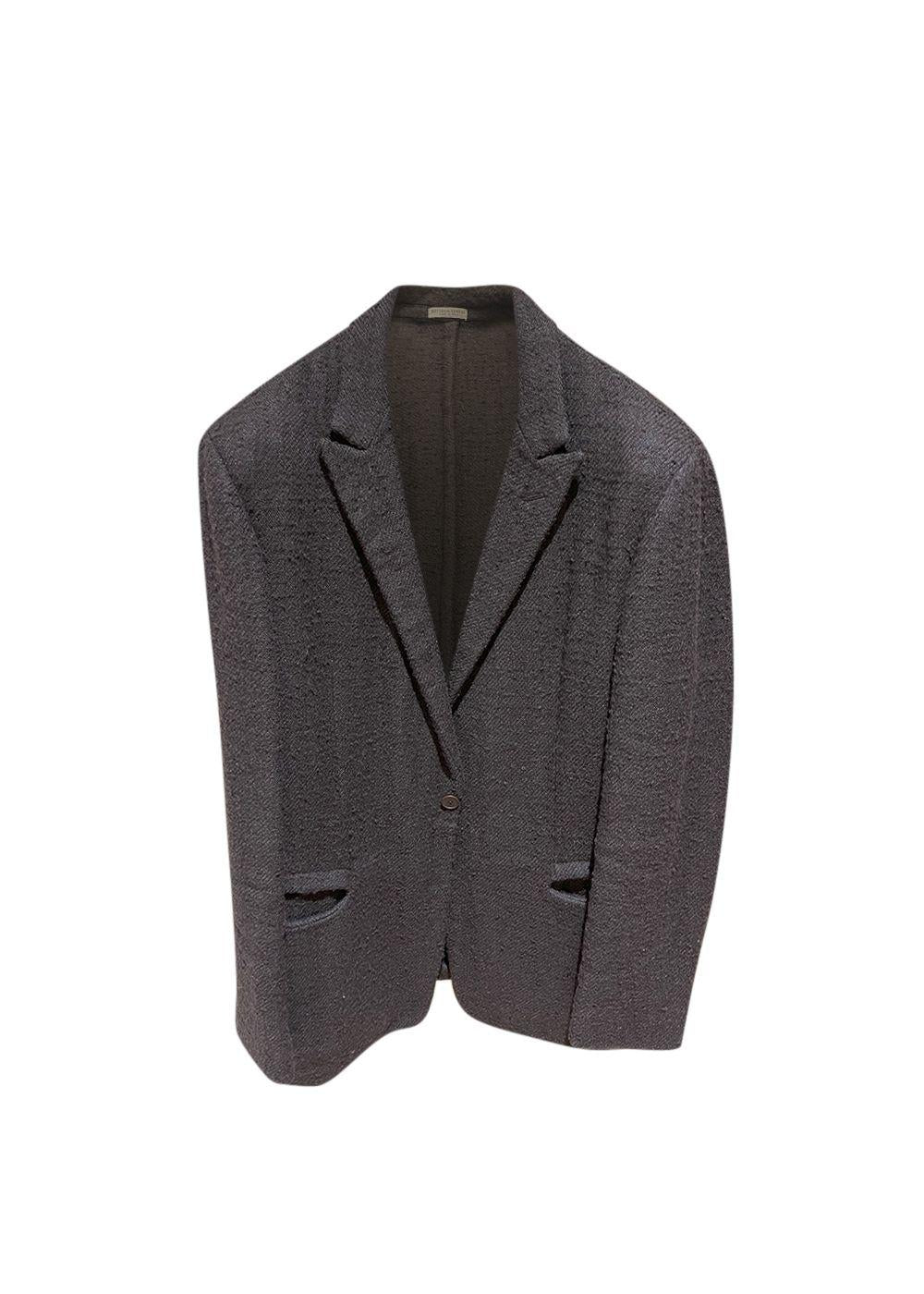 Brown Textured Hemp Blend Single Breasted Blazer