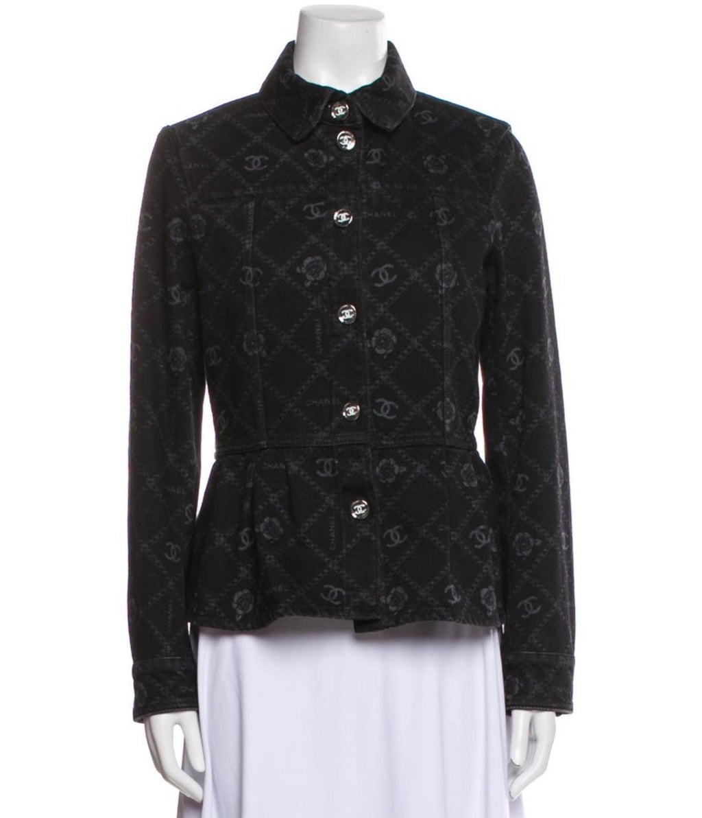 Chanel Black Camelia Denim Button Front Jacket