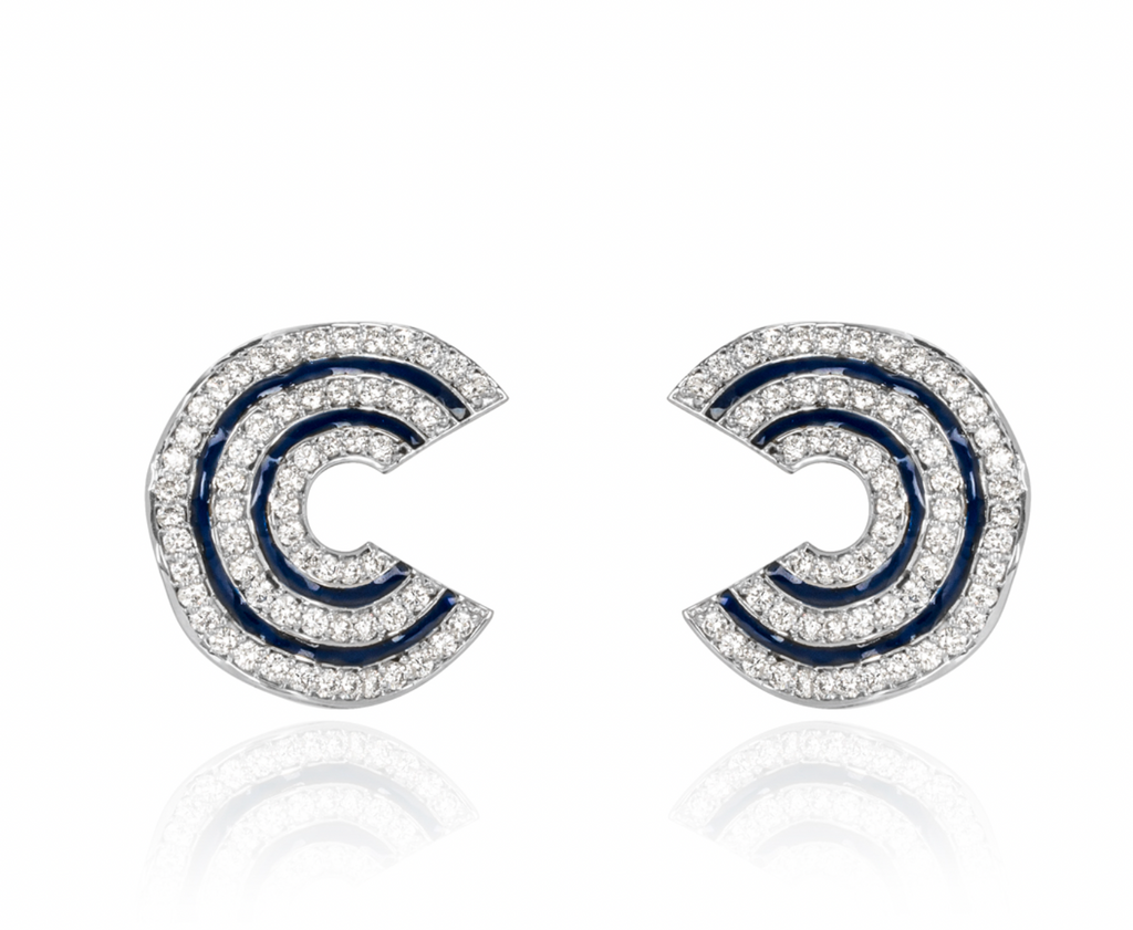 18ct white gold, diamond & enamel wave earrings