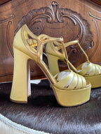 Miu Miu Gold Leather & Yellow Satin Platform Sandals