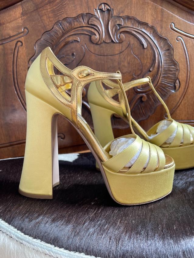 Miu Miu Gold Leather & Yellow Satin Platform Sandals