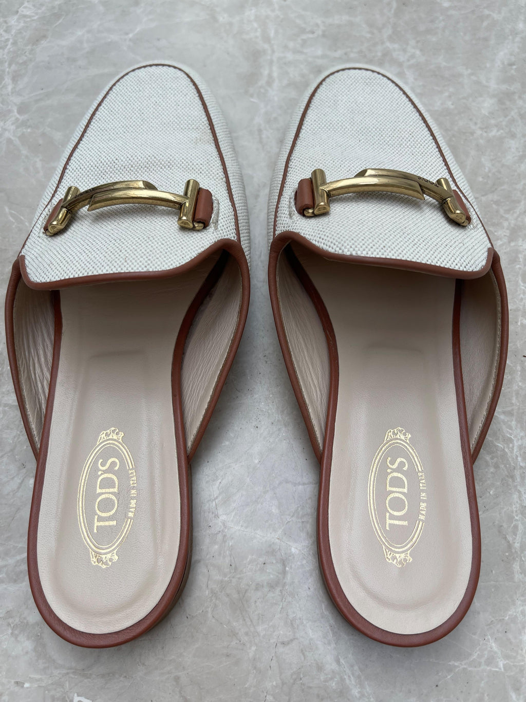 Ivory Canvas & Tan Leather Backless Loafers