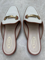 Ivory Canvas & Tan Leather Backless Loafers