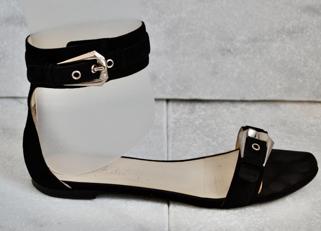 Black Suede Ankle Strap Flat Sandals