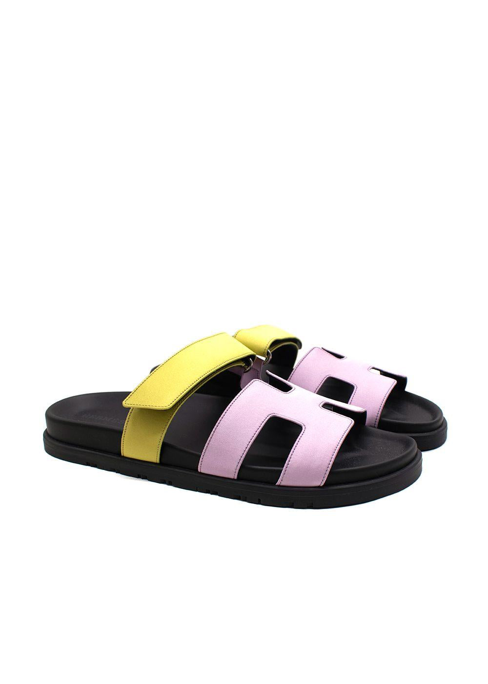 Hermès Violet Petale and Vert Lime Satin Chypre Sandals