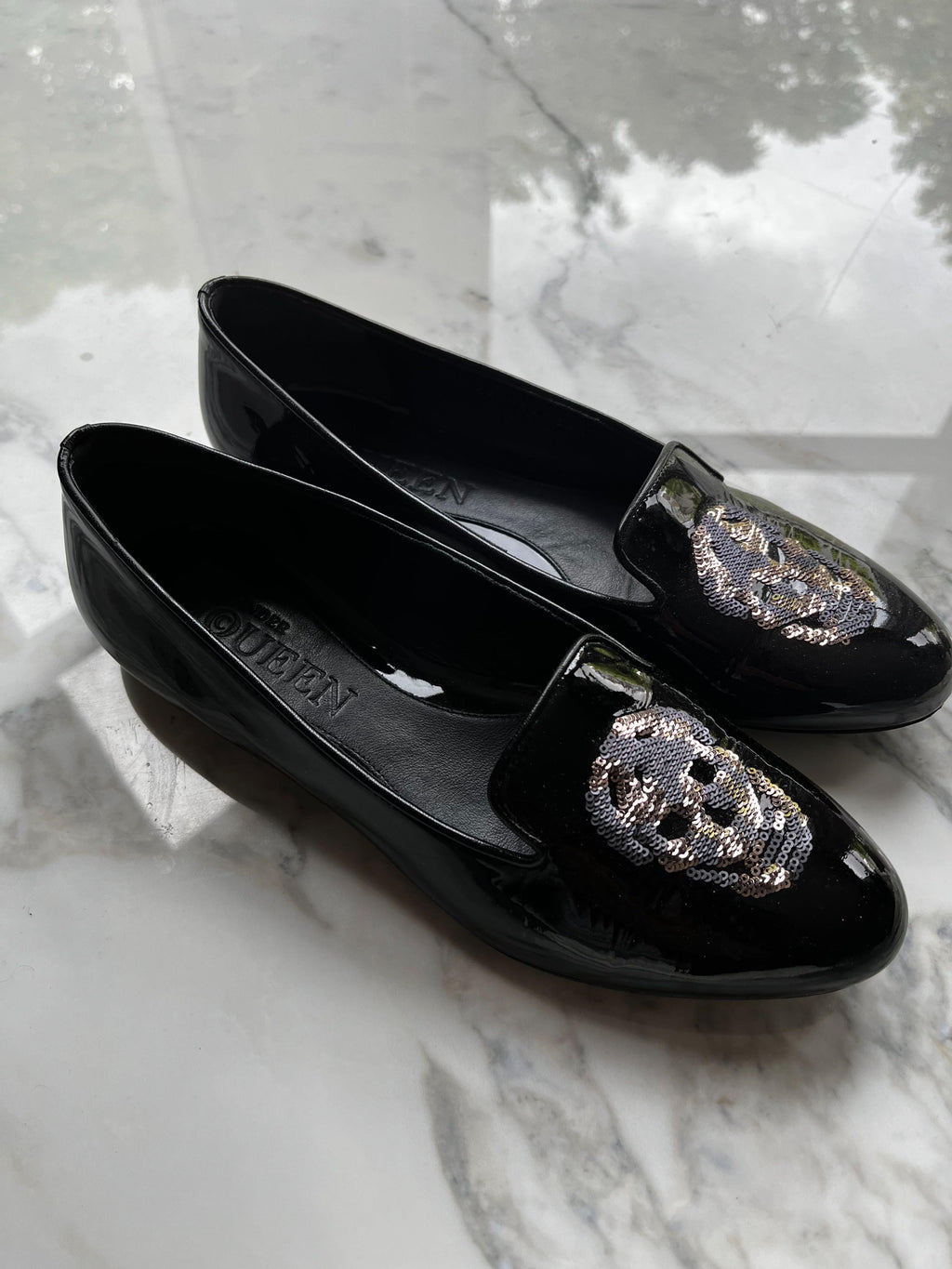 Black patent sequin skull loafers