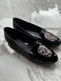 Black patent sequin skull loafers