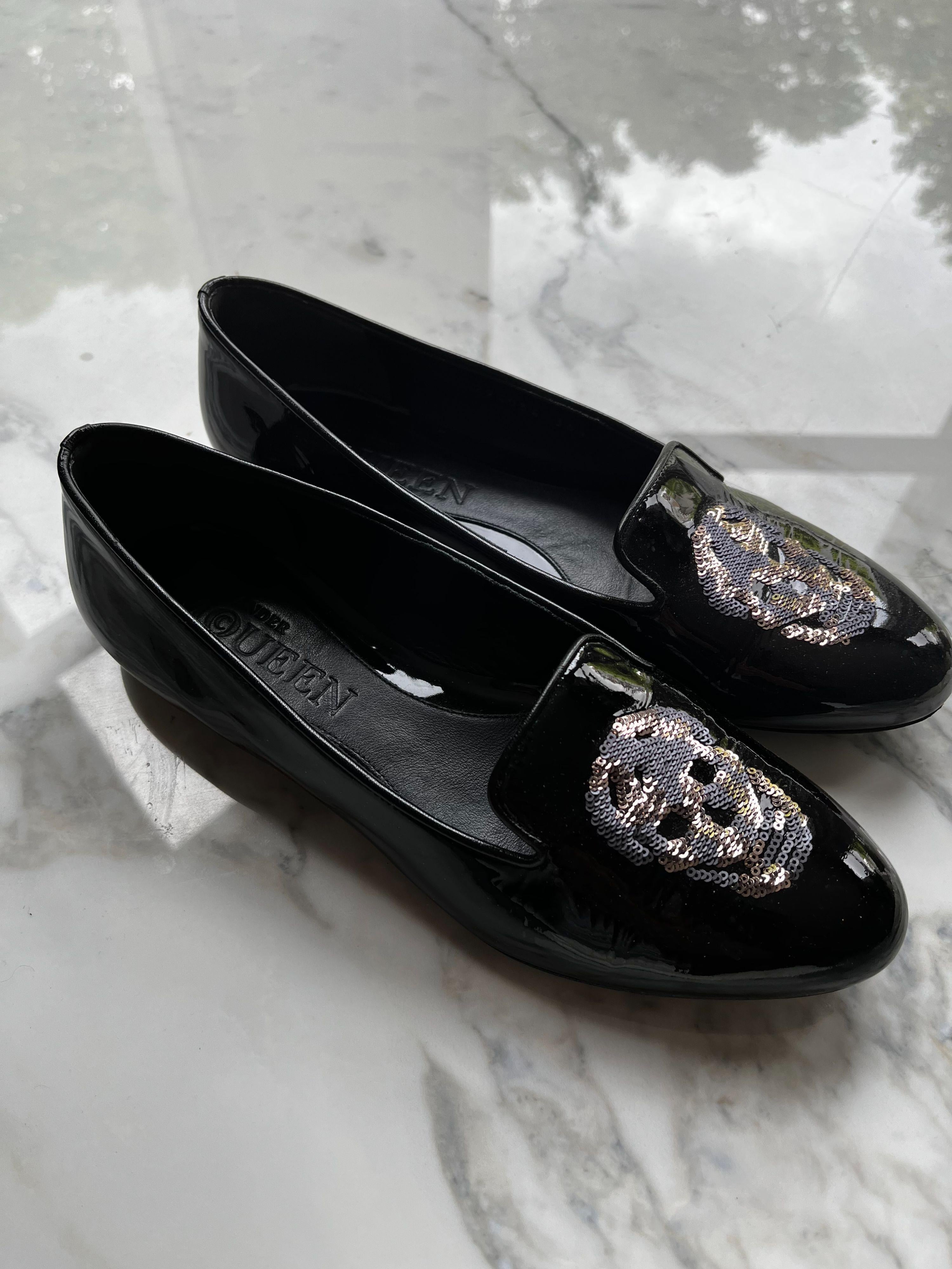 Black patent sequin skull loafers