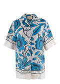 blue/white short sleeve shirt with floral print