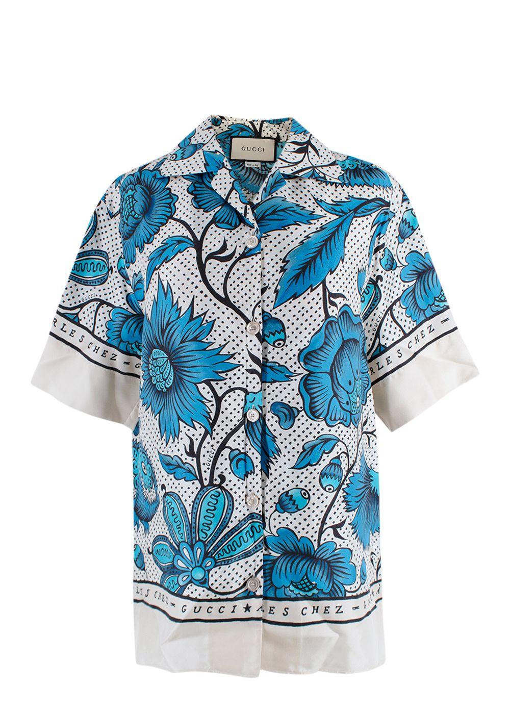 blue/white short sleeve shirt with floral print