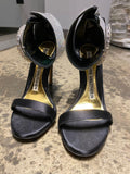 Black satin & crystal heeled sandals