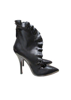 Leather Ruffled Lace Up Pointed Toe Boots