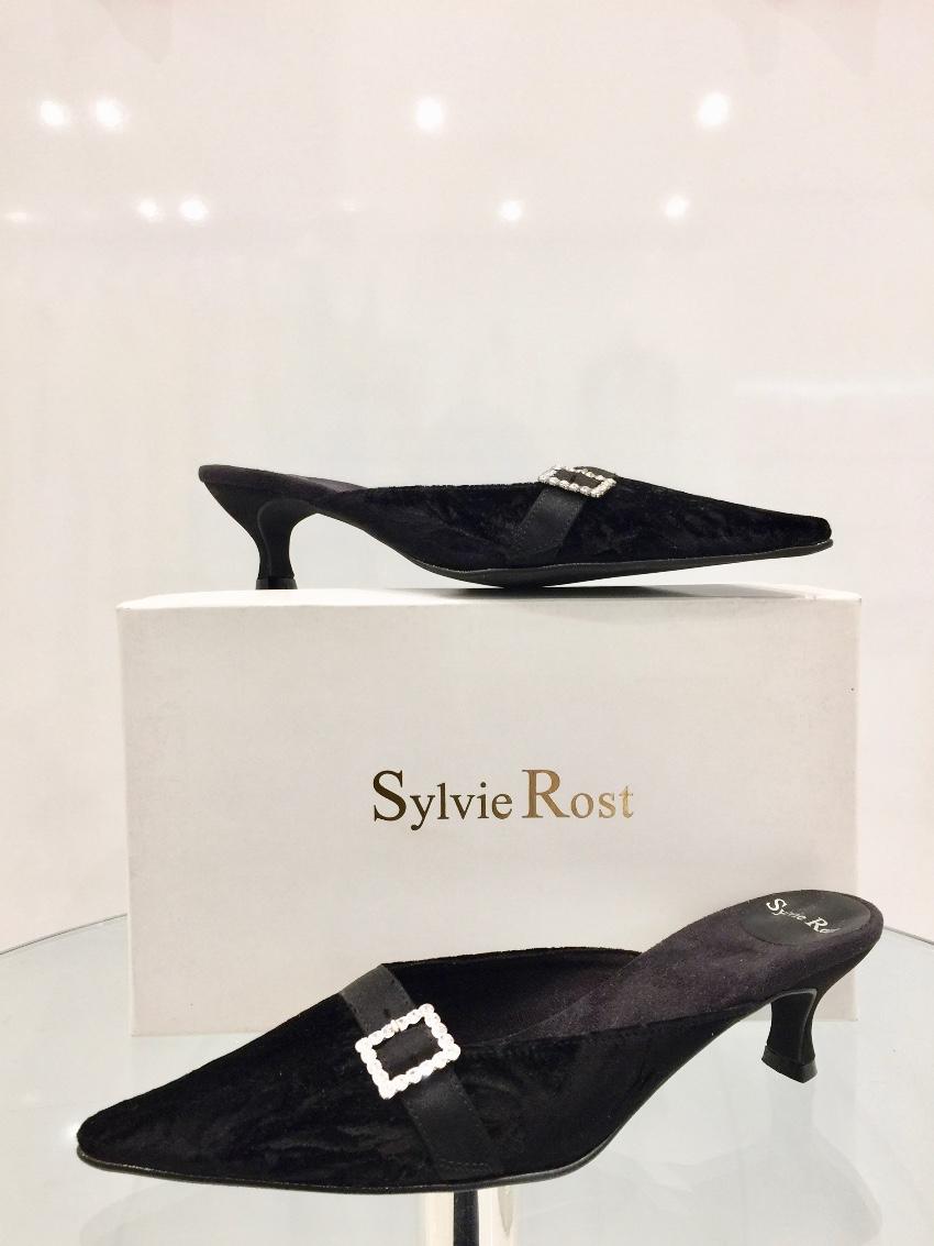 Sylvie Rost Black Crushed Velour Evening Slippers