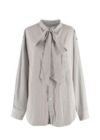 Balenciaga White and Navy Striped Logo Oversized Shirt with Tie Detail