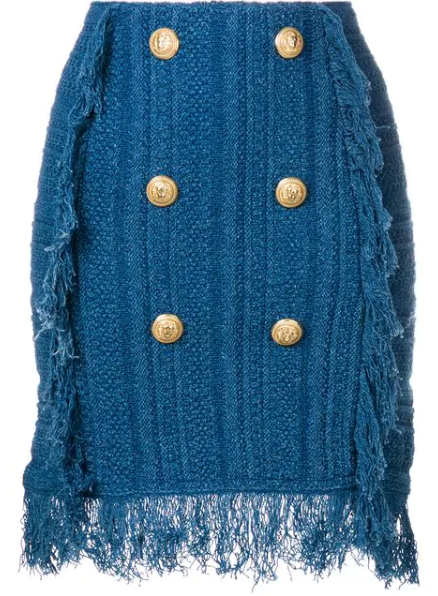 Balmain Frayed Button-embellished Tweed Mini Skirt In Blue