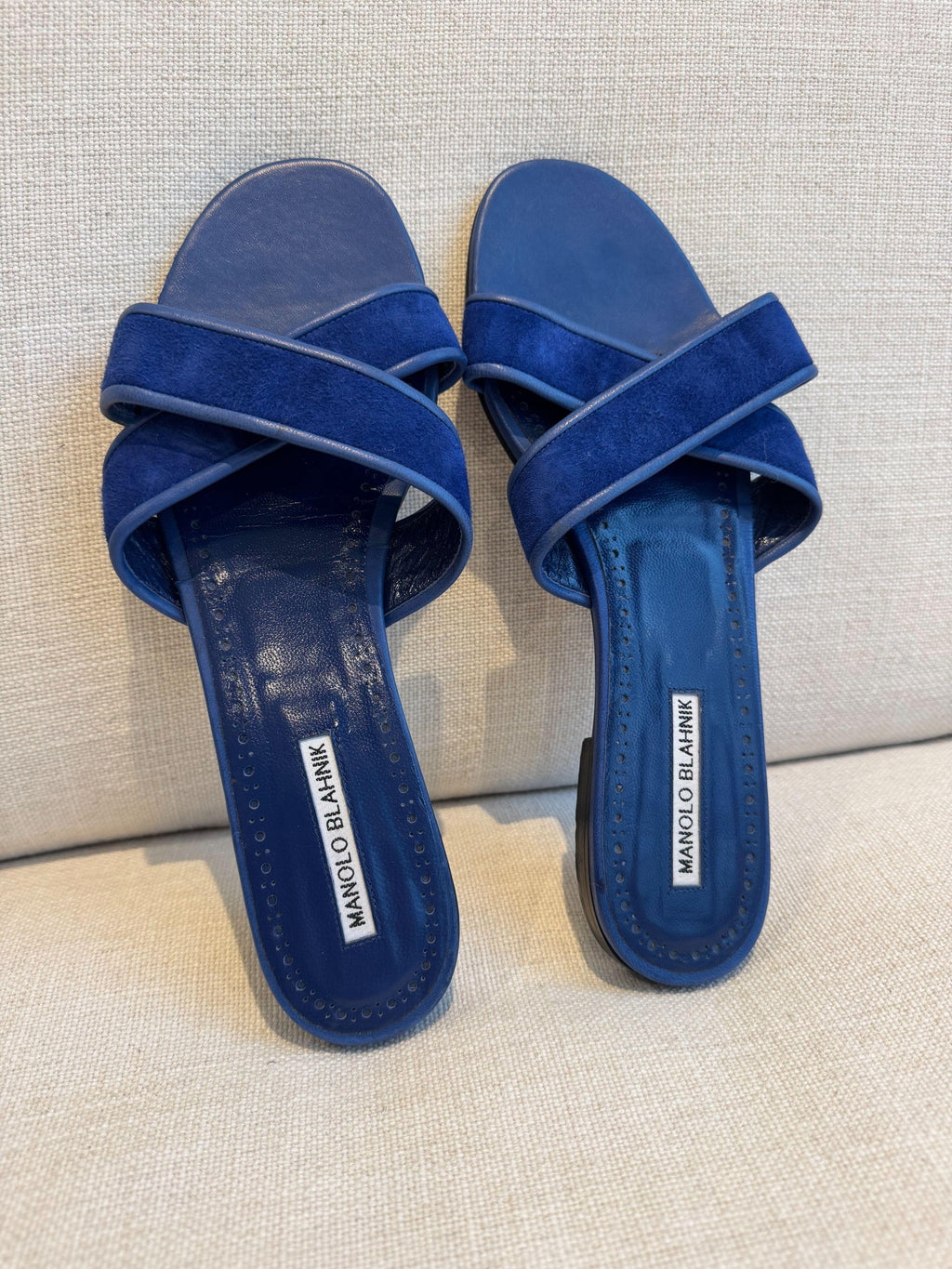 Manolo Blahnik Blue Suede Flat Sandals