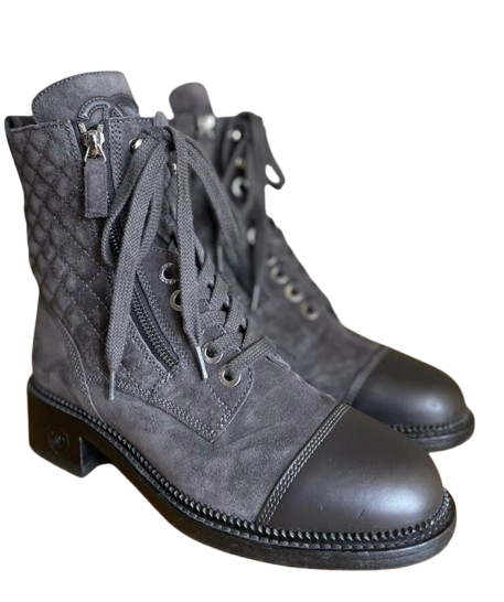 Chanel Grey Suede and Leather Combat Boots