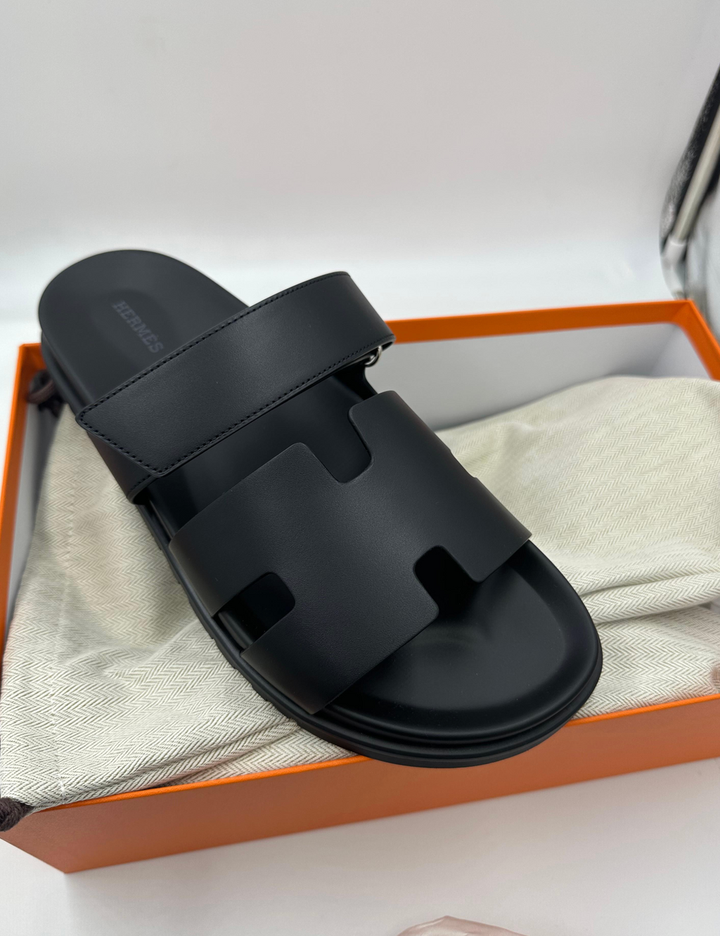 Hermes Black Leather Chypre Sandals