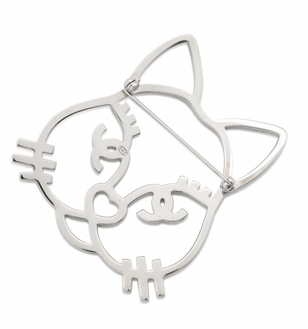 Chanel Silver Crystal Cat Brooch Pin