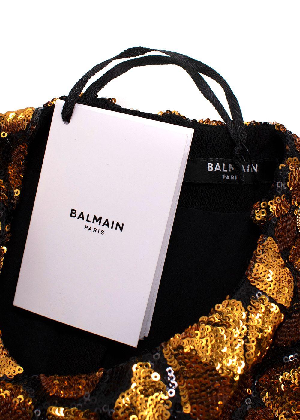 Balmain Gold and Black Sequin Long Sleeve Mini Dress