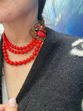 Miriam Haskell Red Three Strand Glass Bead Necklace