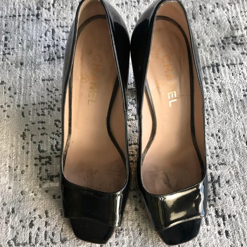 Black Contrast Heel Open Toe Pumps