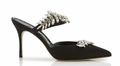 Manolo Blahnik Black Satin Crystal Embellished Mules