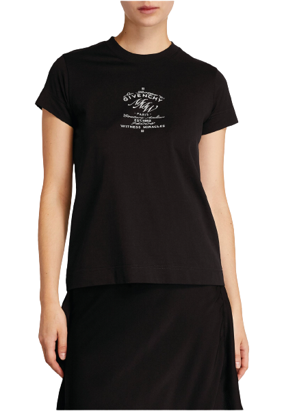 black t-shirt with white front logo