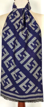 Fendi Grey and Blue Reversible Wool Scarf