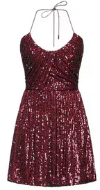 Saint Laurent Burgundy Sequin Halter Neck Mini Dress