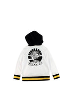 White Zipped Hoodie With Contrasting Yellow And Black Striped Hem and Cuffs